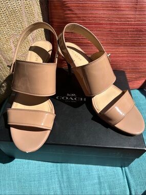 Coach Leather Slingback Heeled Sandals in Nude